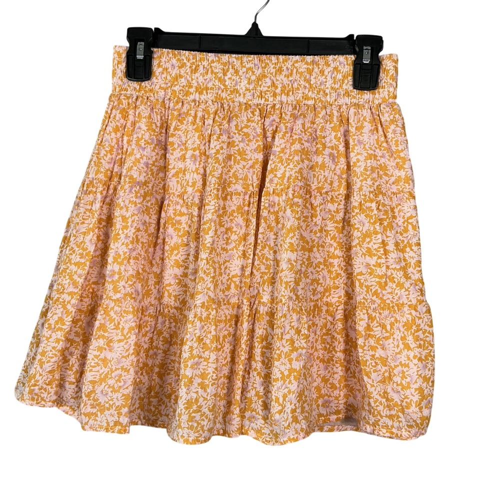 Free The Roses Orange Pink Floral Tiered Smocked Mini Skirt S HN949K